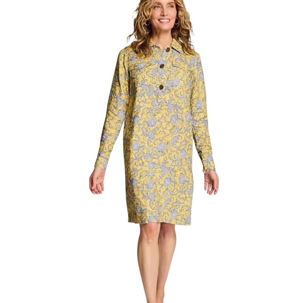 J. Jill Linen Dress Womens L Love Linen Yellow Paisley Button-down EUC